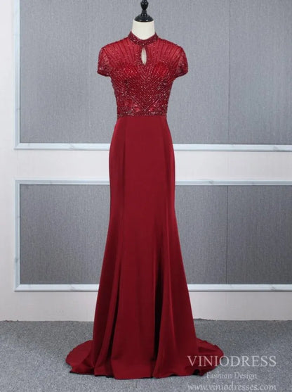 High Neck Dark Red Beaded Prom Dresses Mermaid Evening Dress FD2506-Evening Dresses 2025 -Viniodress-Dark Red-US 2-