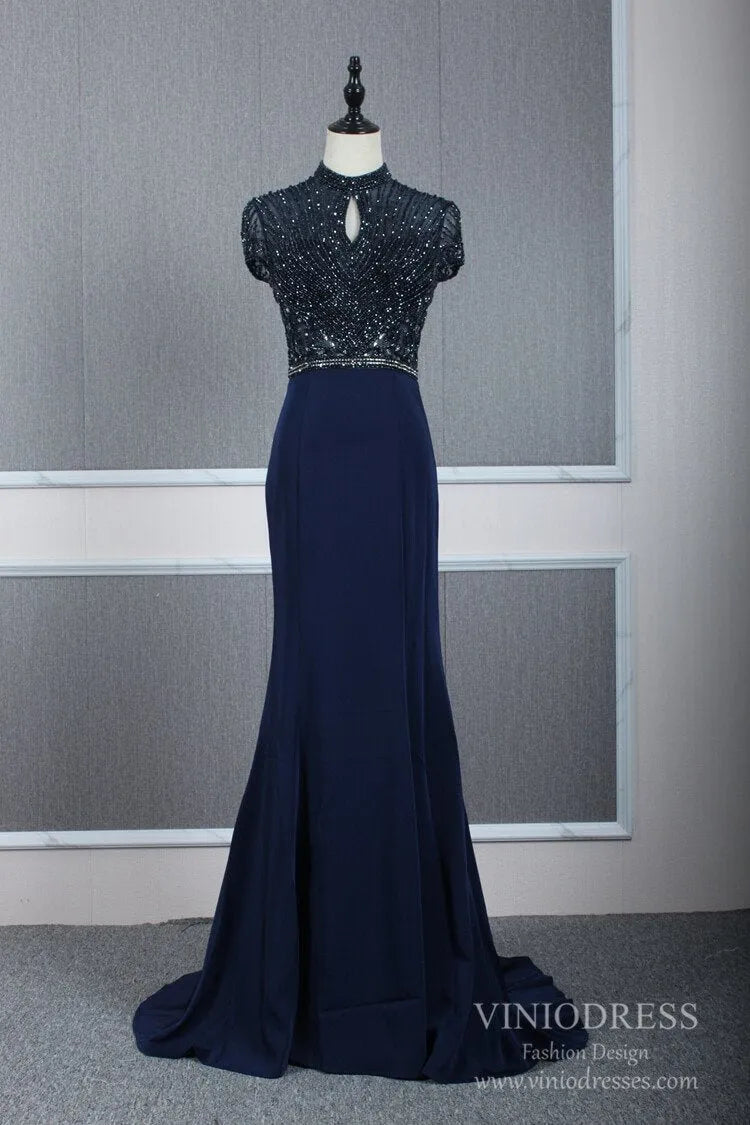 High Neck Dark Red Beaded Prom Dresses Mermaid Evening Dress FD2506-Evening Dresses 2025 -Viniodress-Navy Blue-US 2-