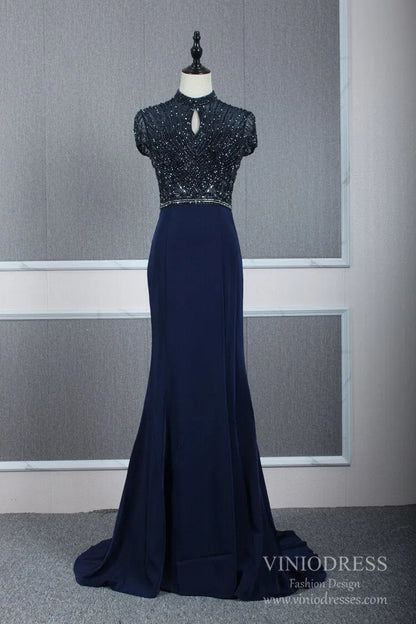 High Neck Dark Red Beaded Prom Dresses Mermaid Evening Dress FD2506-Evening Dresses 2025 -Viniodress-Navy Blue-US 2-