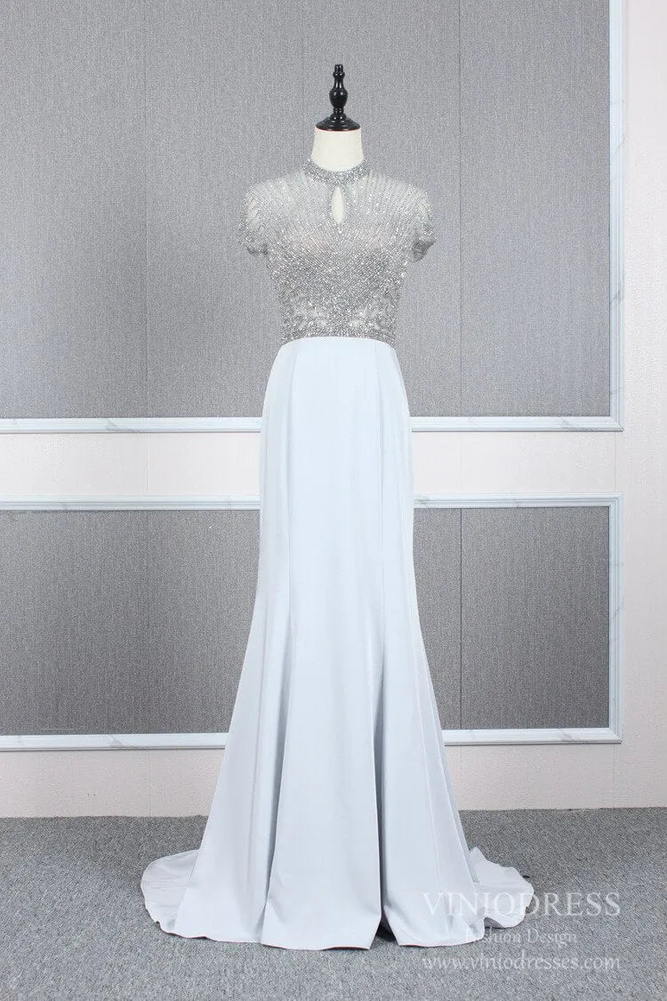 High Neck Dark Red Beaded Prom Dresses Mermaid Evening Dress FD2506-Evening Dresses 2025 -Viniodress-Silver-US 2-