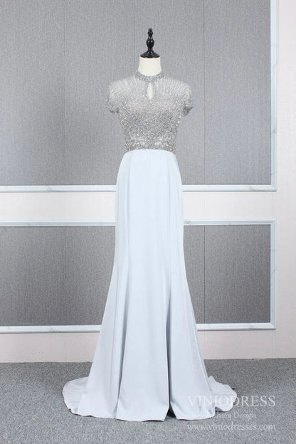 High Neck Dark Red Beaded Prom Dresses Mermaid Evening Dress FD2506-Evening Dresses 2025 -Viniodress-Silver-US 2-