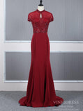 High Neck Dark Red Beaded Prom Dresses Mermaid Evening Dress FD2506