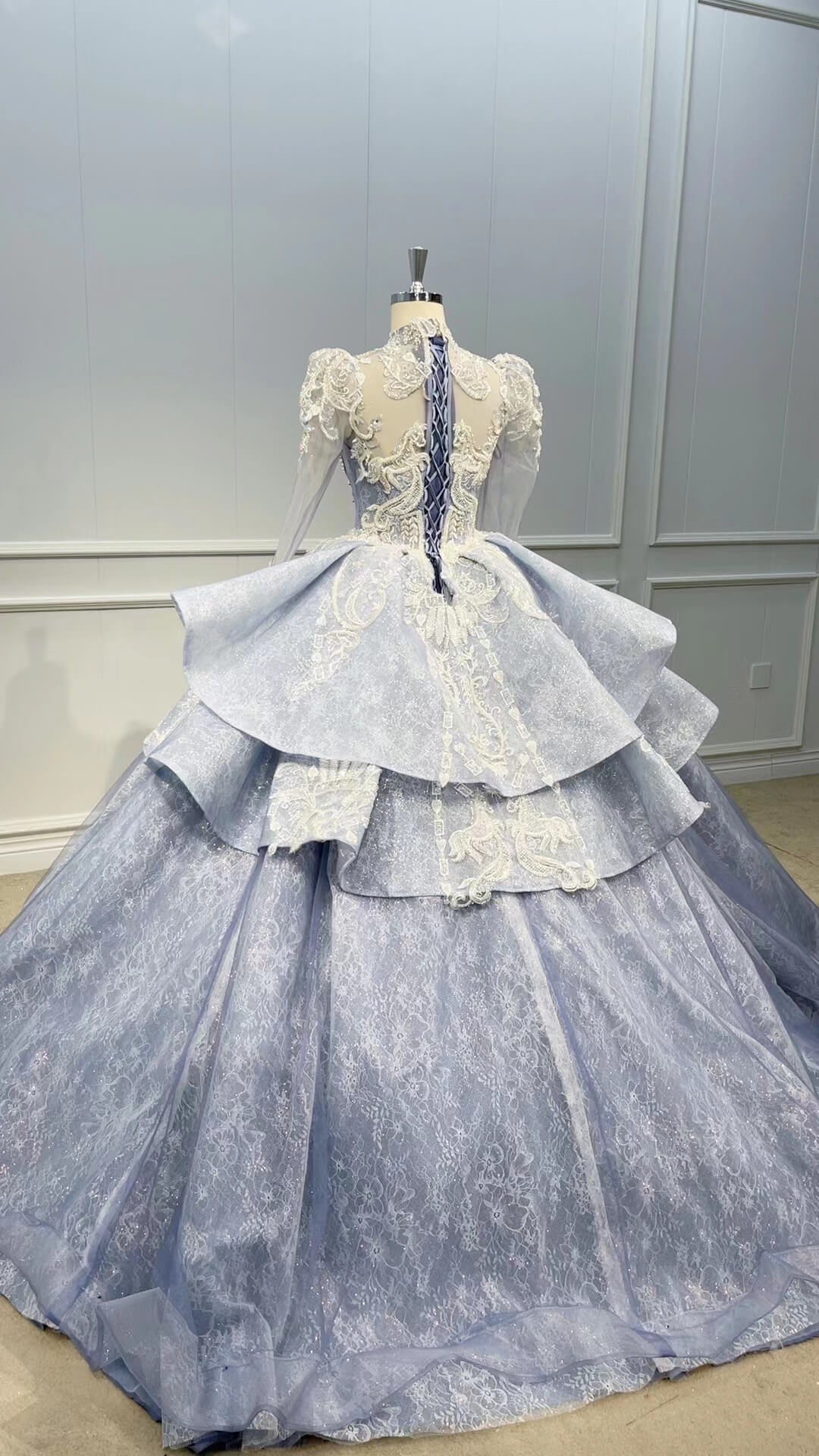 High Neck Long Sleeve Dubai Wedding Dress Dusty Blue Ball Gowns 510093-Quinceanera Dresses 2025 -Viniodress-Dusty Blue-US 2-