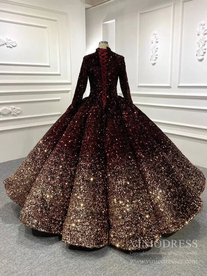 High Neck Modest Muslim Ball Gown Wedding Dress | Long Sleeve Ombre Sequin Gown with Corset Back 66991-Quinceanera Dresses 2025 -Viniodress-Burgundy-Custom Size-