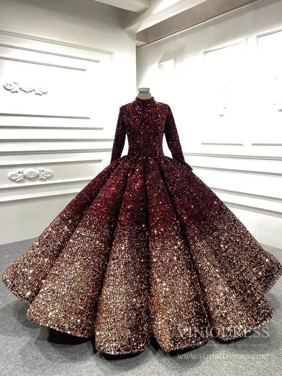 High Neck Modest Muslim Ball Gown Wedding Dress | Long Sleeve Ombre Sequin Gown with Corset Back 66991-Quinceanera Dresses 2025 -Viniodress-Burgundy-Custom Size-