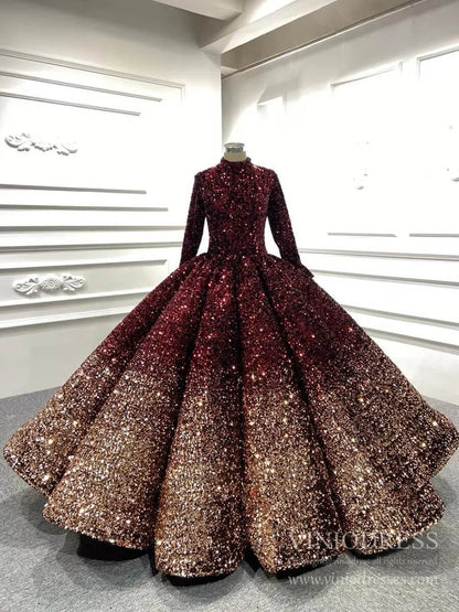 High Neck Modest Muslim Ball Gown Wedding Dress | Long Sleeve Ombre Sequin Gown with Corset Back 66991-Quinceanera Dresses 2025 -Viniodress-Burgundy-Custom Size-
