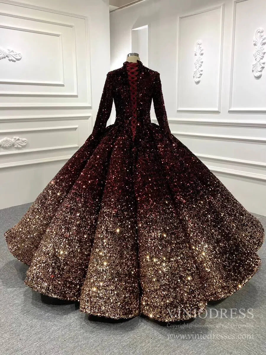 High Neck Modest Muslim Ball Gown Wedding Dress | Long Sleeve Ombre Sequin Gown with Corset Back 66991-Quinceanera Dresses 2025 -Viniodress-Burgundy-Custom Size-