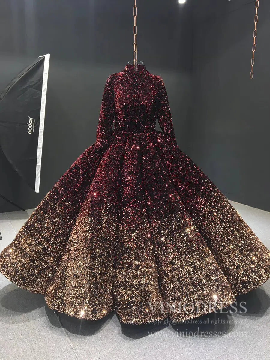High Neck Modest Muslim Ball Gown Wedding Dress | Long Sleeve Ombre Sequin Gown with Corset Back 66991-Quinceanera Dresses 2025 -Viniodress-Burgundy-Custom Size-