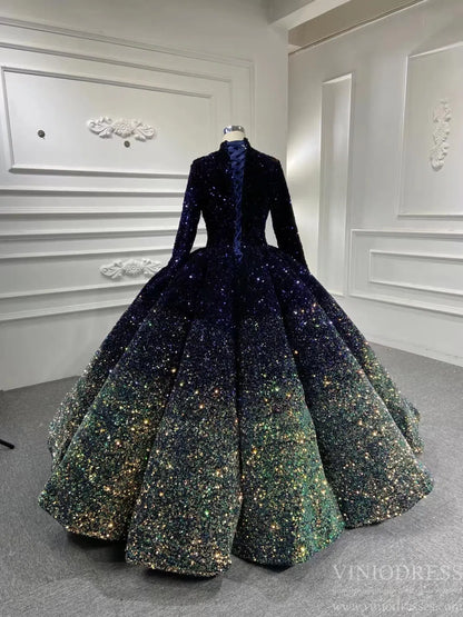 High Neck Modest Muslim Ball Gown Wedding Dress | Long Sleeve Ombre Sequin Gown with Corset Back 66991-Quinceanera Dresses 2025 -Viniodress-Burgundy-Custom Size-