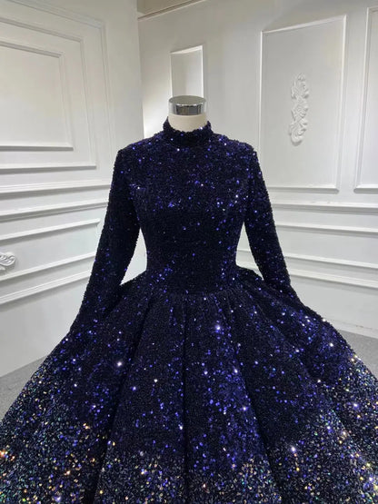 High Neck Modest Muslim Ball Gown Wedding Dress | Long Sleeve Ombre Sequin Gown with Corset Back 66991-Quinceanera Dresses 2025 -Viniodress-Burgundy-Custom Size-