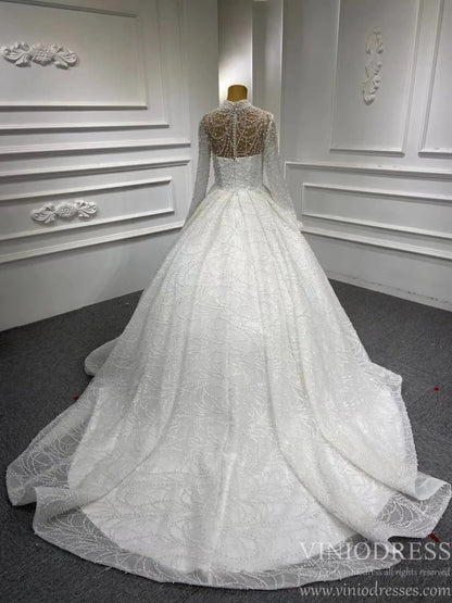 High Neck Pearl Lace Wedding Gown with Long Sleeves 67129-wedding dresses 2025 -Viniodress-Ivory-Custom Size-