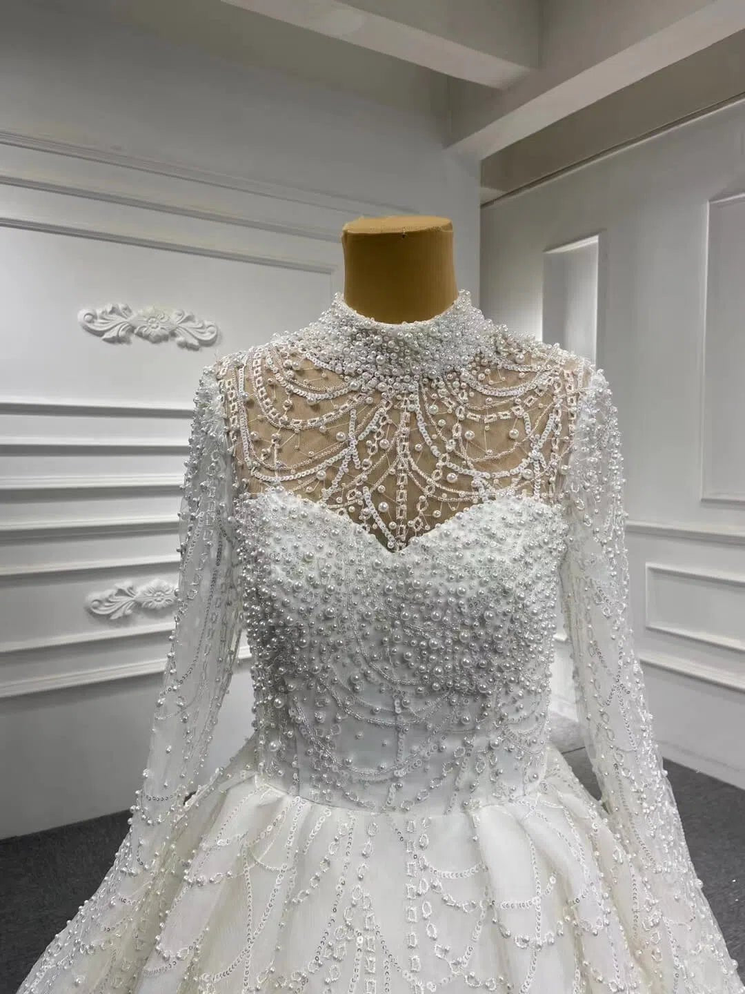 High Neck Pearl Lace Wedding Gown with Long Sleeves 67129-wedding dresses 2025 -Viniodress-Ivory-Custom Size-