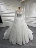 High Neck Pearl Lace Wedding Gown with Long Sleeves 67129