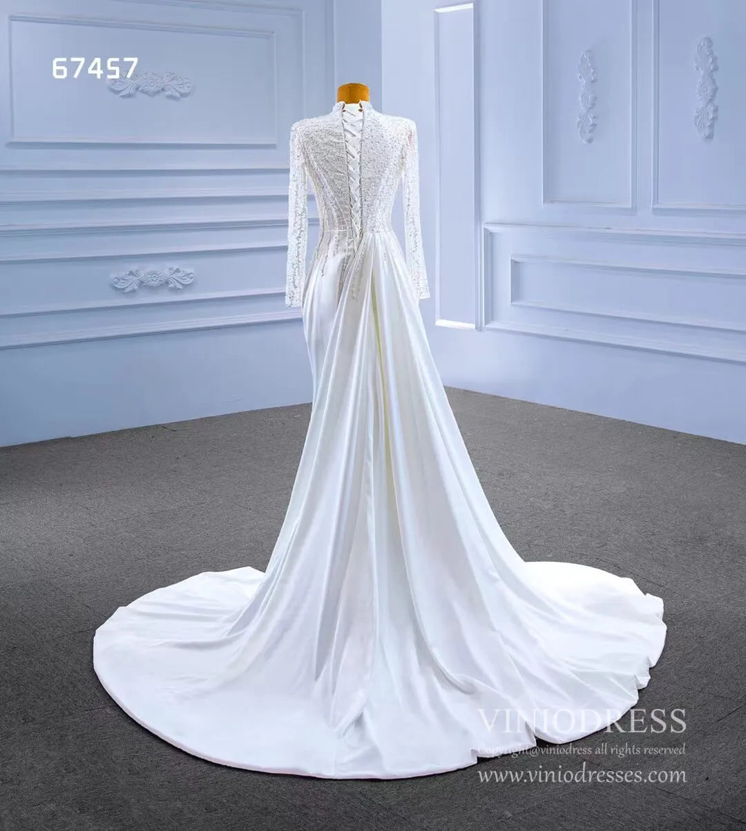 High Neck Pearl Satin Wedding Dresses Long Sleeve 67457-wedding dresses 2025 -Viniodress-Ivory-Custom Size-