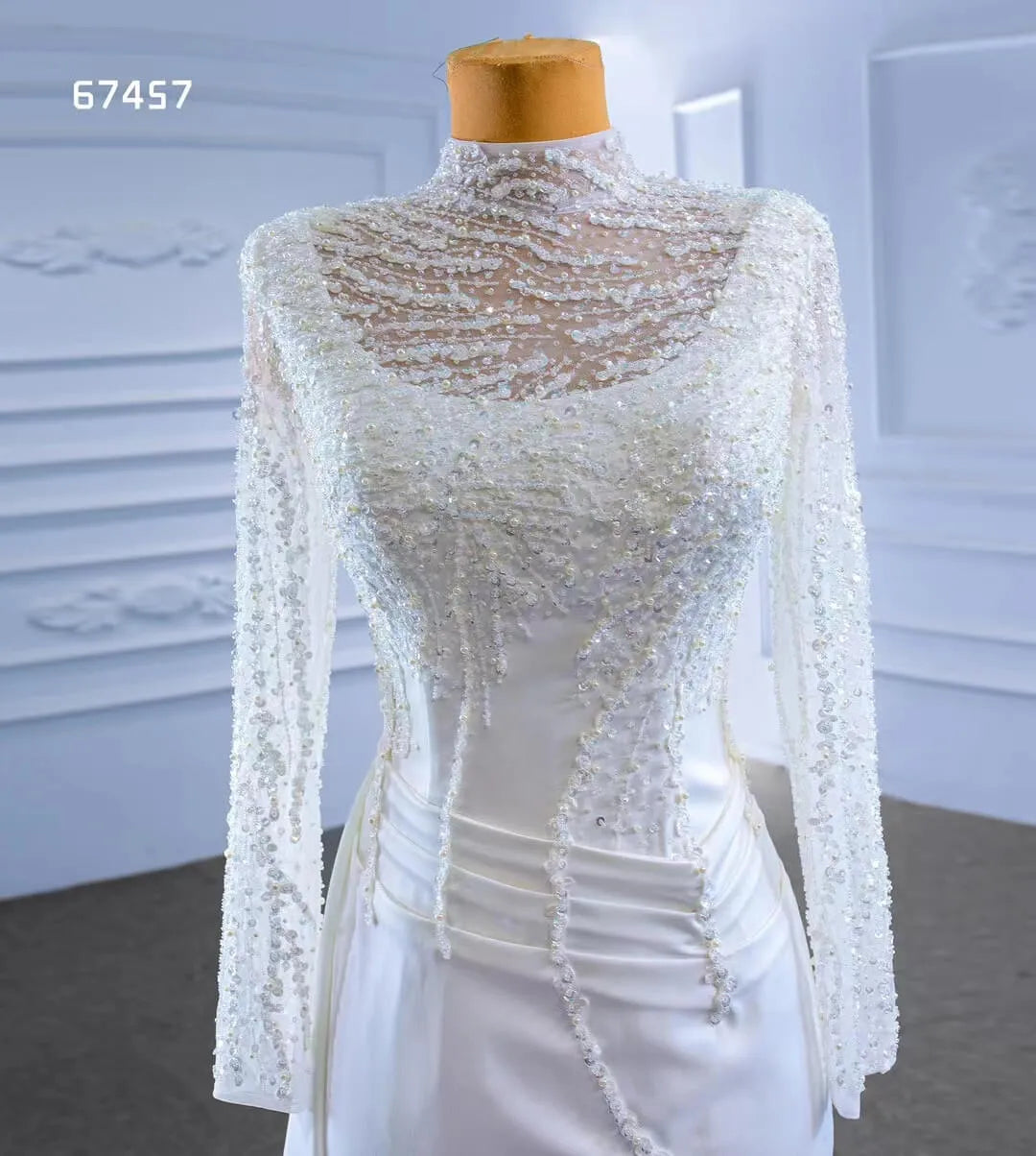 High Neck Pearl Satin Wedding Dresses Long Sleeve 67457-wedding dresses 2025 -Viniodress-Ivory-Custom Size-