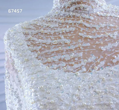 High Neck Pearl Satin Wedding Dresses Long Sleeve 67457-wedding dresses 2025 -Viniodress-Ivory-Custom Size-