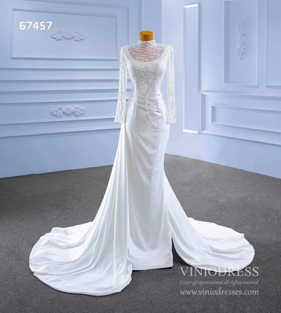 High Neck Pearl Satin Wedding Dresses Long Sleeve 67457-wedding dresses 2025 -Viniodress-Ivory-Custom Size-