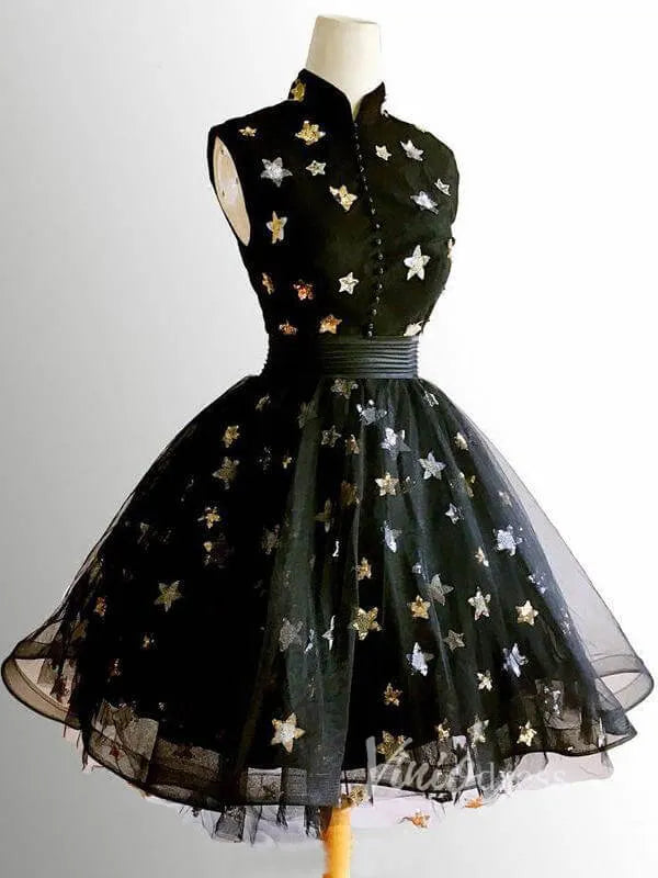 High Neckline Black Star Homecoming Dresses SD1402-Homecoming Dresses 2025 -Viniodress-Black-Custom Size-