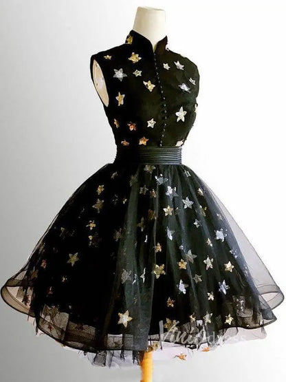 High Neckline Black Star Homecoming Dresses SD1402-Homecoming Dresses 2025 -Viniodress-Black-Custom Size-