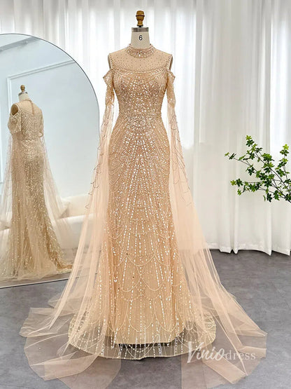 Hight Neck Light Blue Evening Dresses Extra Long Sleeve 20s Formal Gown FD1533-Evening Dresses 2025 -Viniodress-Light Blue-US 2-