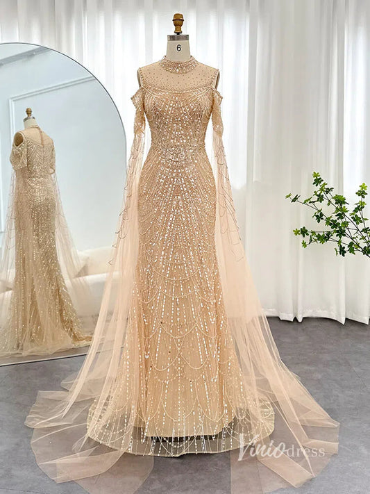 Hight Neck Light Blue Evening Dresses Extra Long Sleeve 20s Formal Gown FD1533-Evening Dresses 2025 -Viniodress-Light Blue-US 2-