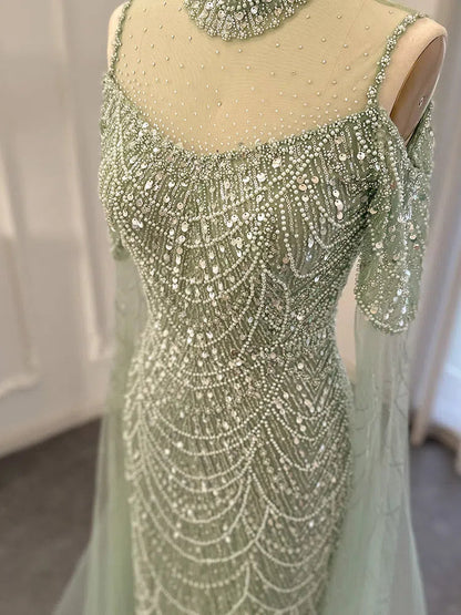Hight Neck Light Blue Evening Dresses Extra Long Sleeve 20s Formal Gown FD1533-Evening Dresses 2025 -Viniodress-Light Blue-US 2-