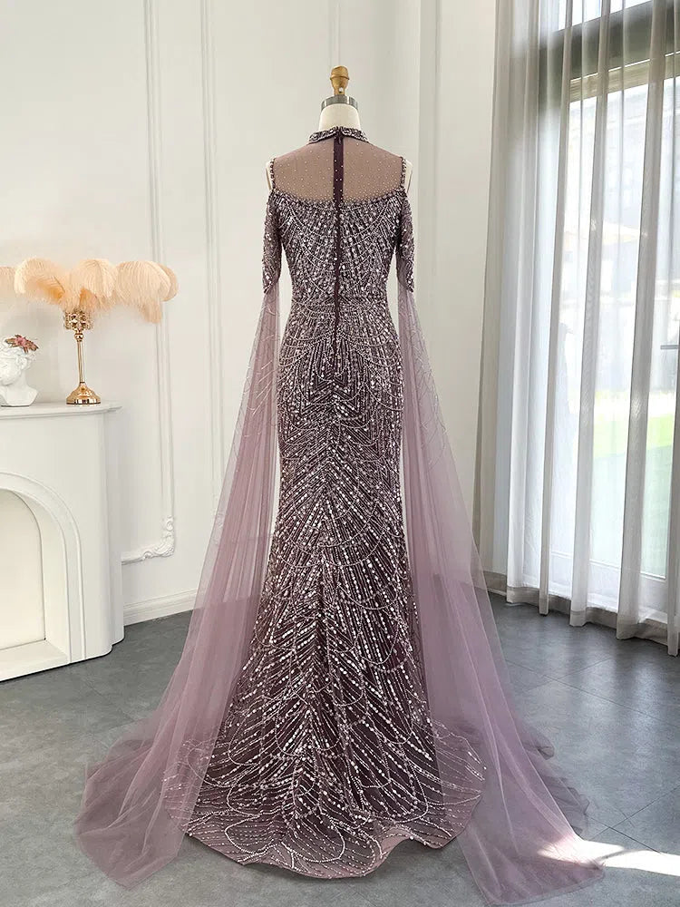 Hight Neck Light Blue Evening Dresses Extra Long Sleeve 20s Formal Gown FD1533-Evening Dresses 2025 -Viniodress-Light Blue-US 2-