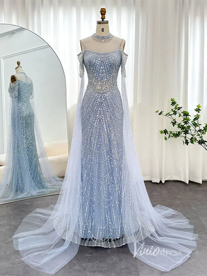 Hight Neck Light Blue Evening Dresses Extra Long Sleeve 20s Formal Gown FD1533-Evening Dresses 2025 -Viniodress-Light Blue-US 2-