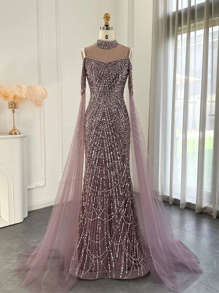 Hight Neck Light Blue Evening Dresses Extra Long Sleeve 20s Formal Gown FD1533-Evening Dresses 2025 -Viniodress-Light Blue-US 2-