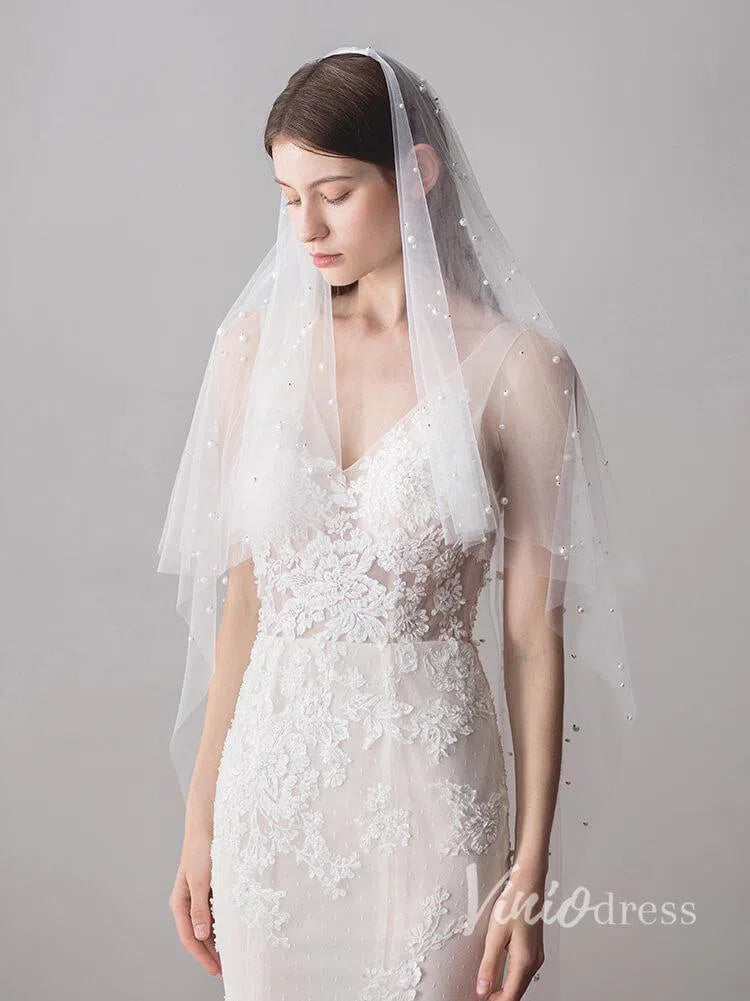 Hip Length Ivory Tulle Wedding Veils with Pearl Drop Veil V1052-Bridal Veil 2025 -Viniodress-Ivory-