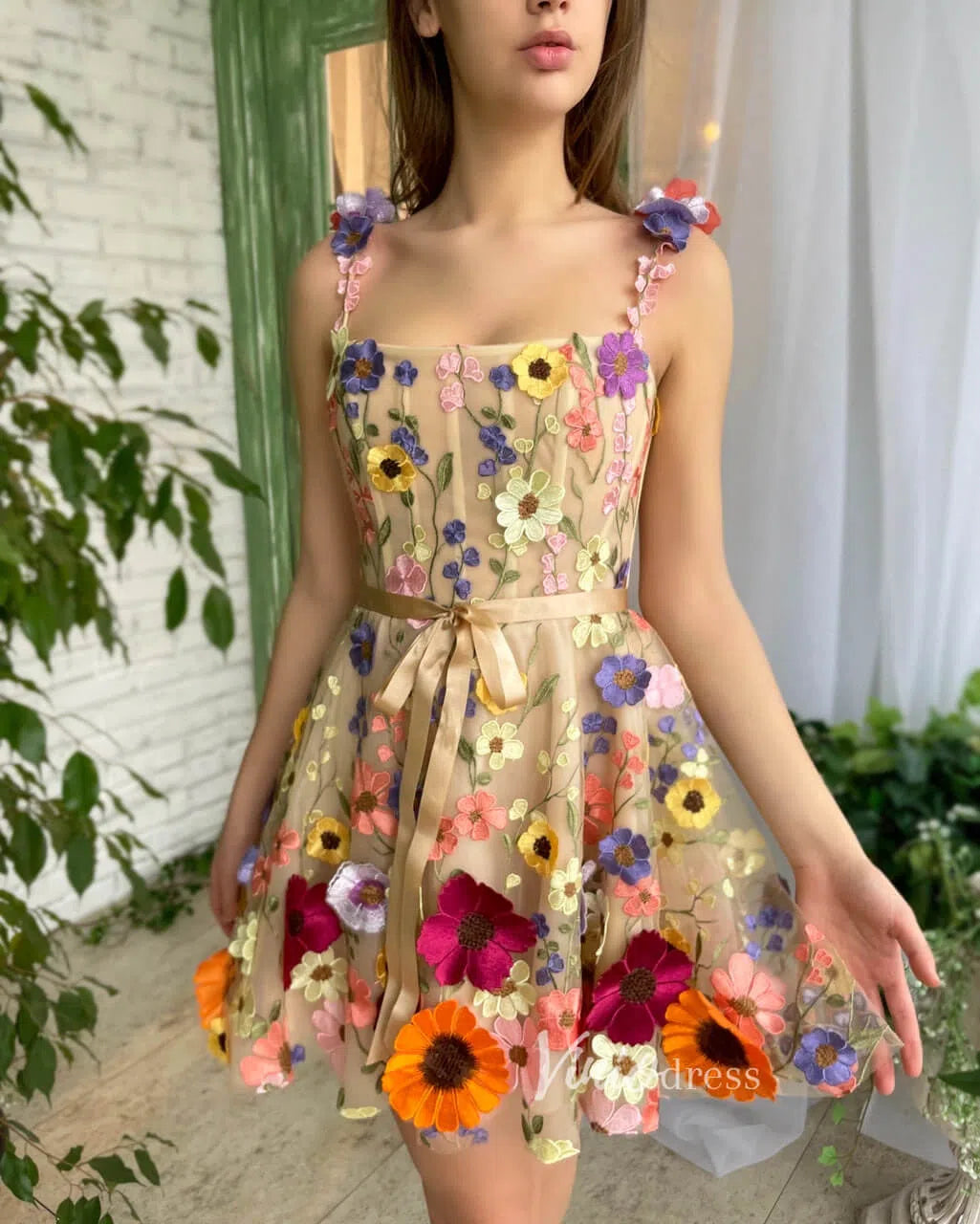 Prom Dress 2025 3D Flower Cocktail Dress A-line Short Floral Prom Dress FD2900B-unique homecoming dresses-Champagne-Custom Size-Viniodress