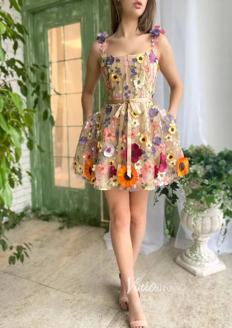 Prom Dress 2025 3D Flower Cocktail Dress A-line Short Floral Prom Dress FD2900B-unique homecoming dresses-Champagne-Custom Size-Viniodress