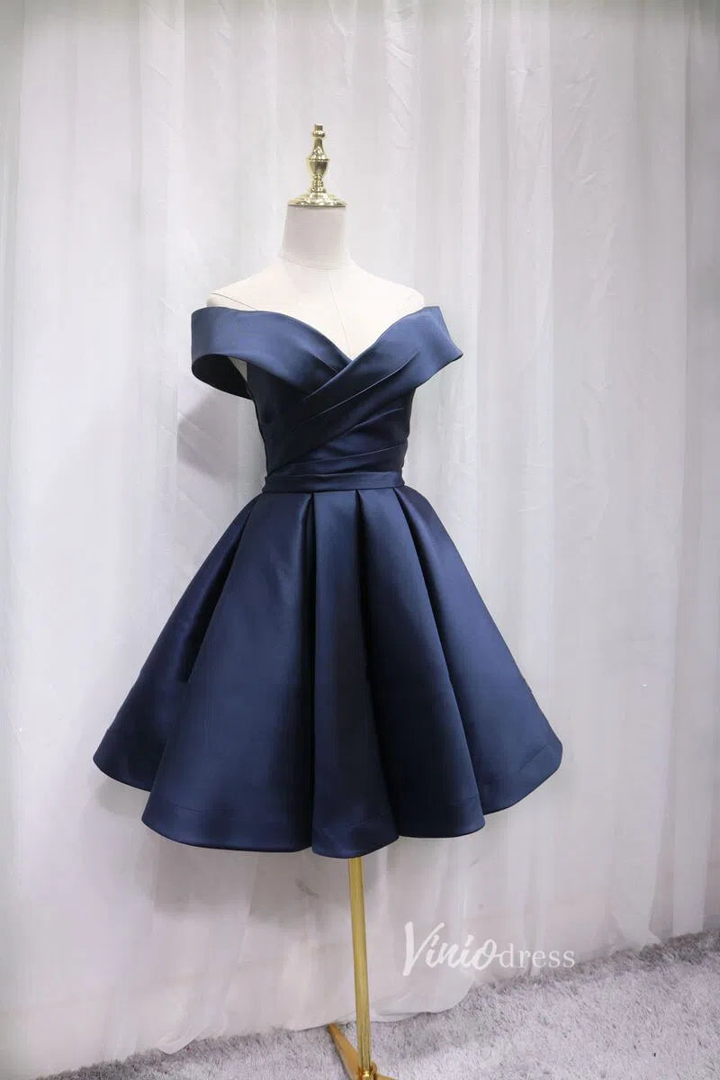 Short Prom Dresses 2025 A-line Off Shoulder Homecoming Dress with Pockets SD1085-homecoming dresses-Viniodress-Navy Blue-Custom Size-Viniodress