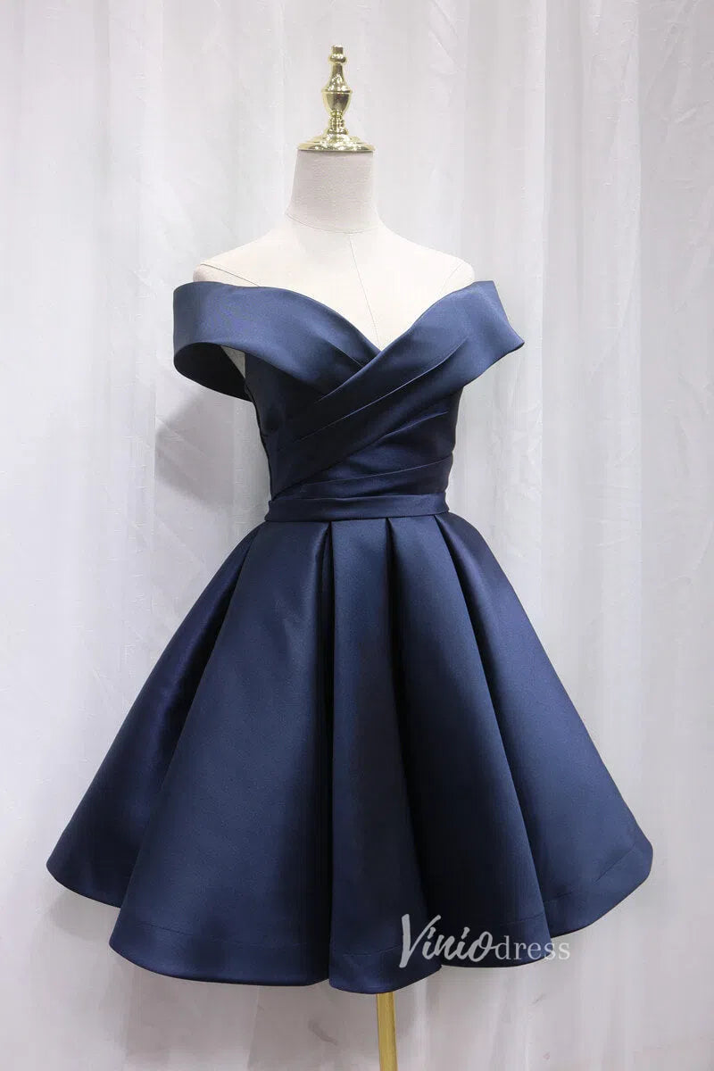 Short Prom Dresses 2025 A-line Off Shoulder Homecoming Dress with Pockets SD1085-homecoming dresses-Viniodress-Navy Blue-Custom Size-Viniodress