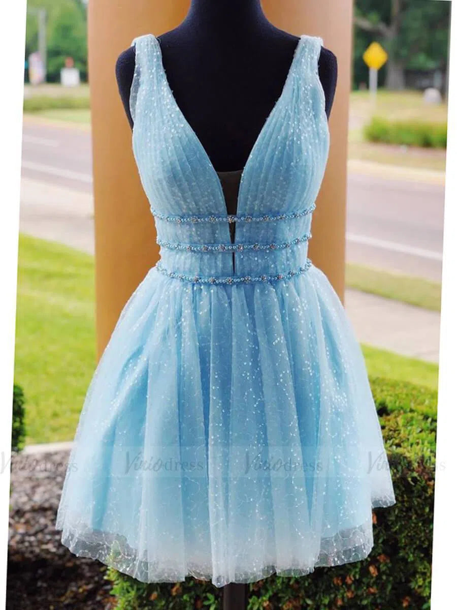 Short Prom Dresses 2025 A-line V Neck Yellow Sequin Homecoming Dresses with Sparkles SD1213-homecoming dresses-Viniodress-Light Blue-Custom Size-Viniodress