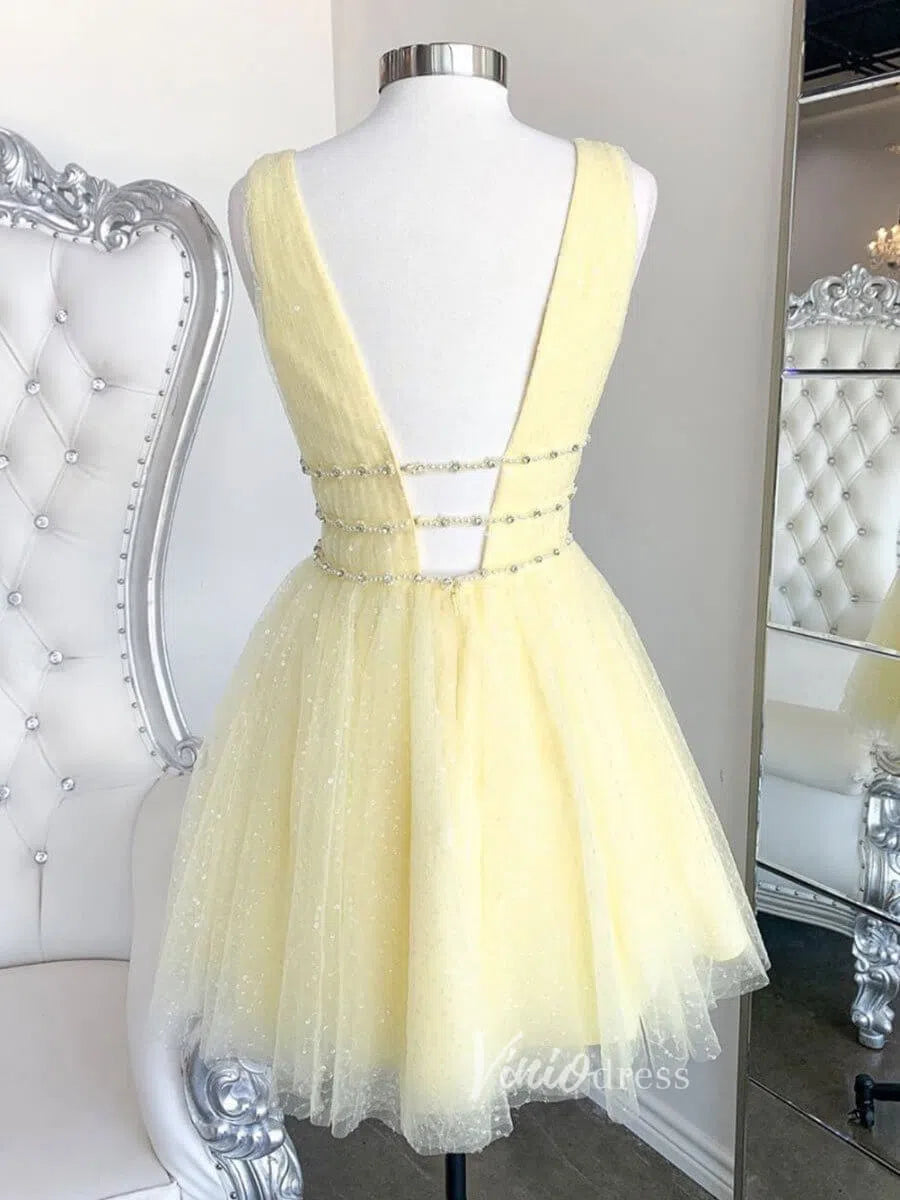 Short Prom Dresses 2025 A-line V Neck Yellow Sequin Homecoming Dresses with Sparkles SD1213-homecoming dresses-Viniodress-Yellow-Custom Size-Viniodress