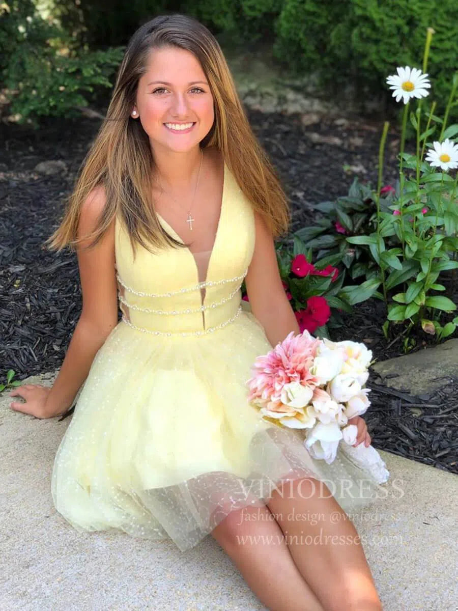 Short Prom Dresses 2025 A-line V Neck Yellow Sequin Homecoming Dresses with Sparkles SD1213-homecoming dresses-Viniodress-Yellow-Custom Size-Viniodress