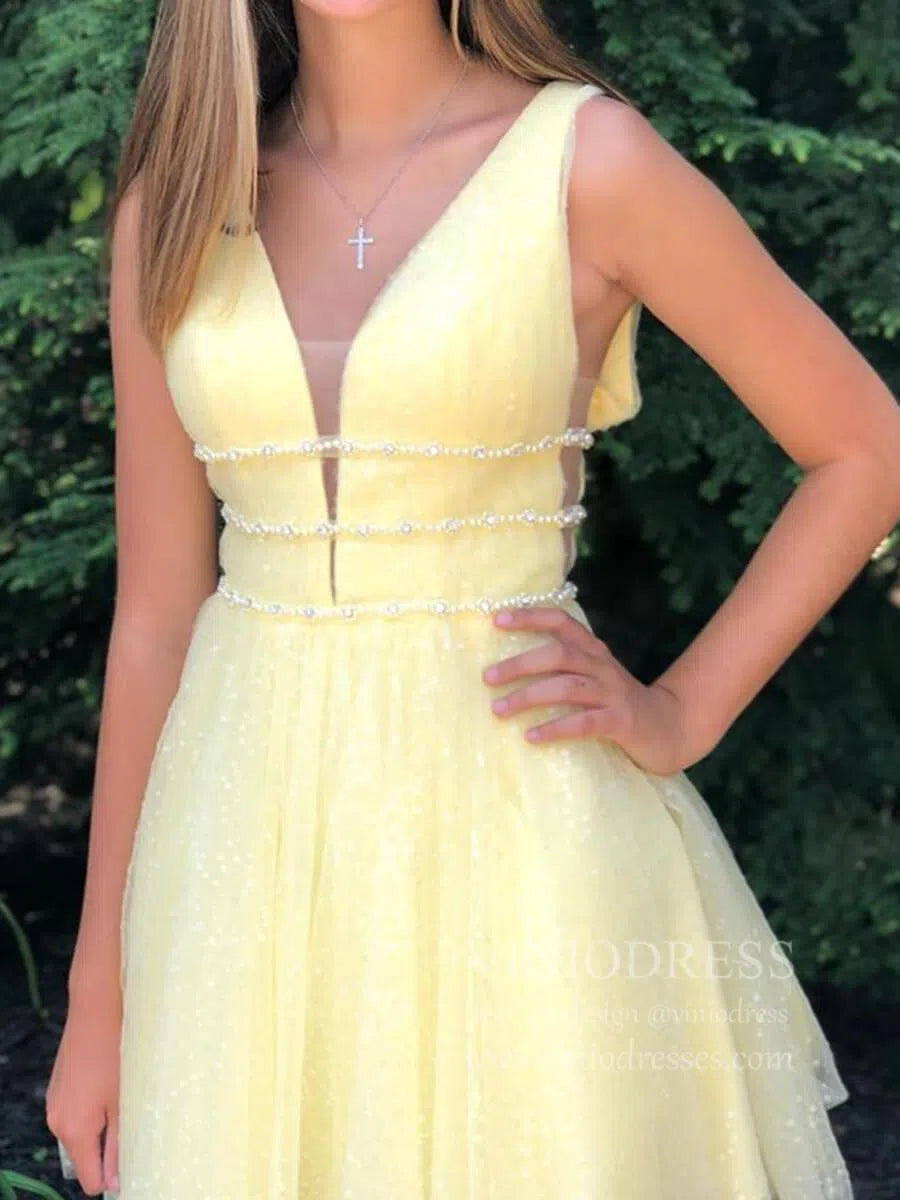 Short Prom Dresses 2025 A-line V Neck Yellow Sequin Homecoming Dresses with Sparkles SD1213-homecoming dresses-Viniodress-Yellow-Custom Size-Viniodress