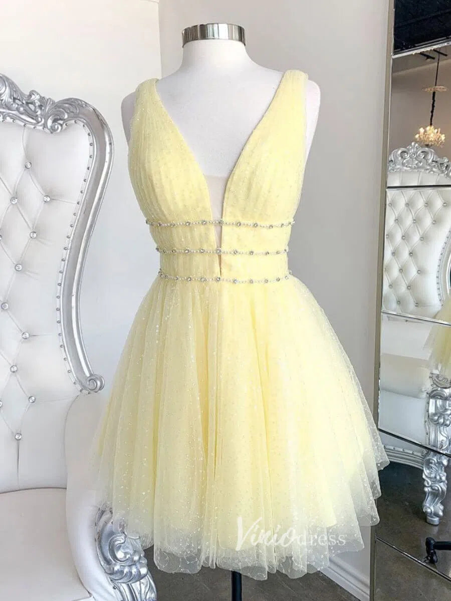 Short Prom Dresses 2025 A-line V Neck Yellow Sequin Homecoming Dresses with Sparkles SD1213-homecoming dresses-Viniodress-Yellow-Custom Size-Viniodress