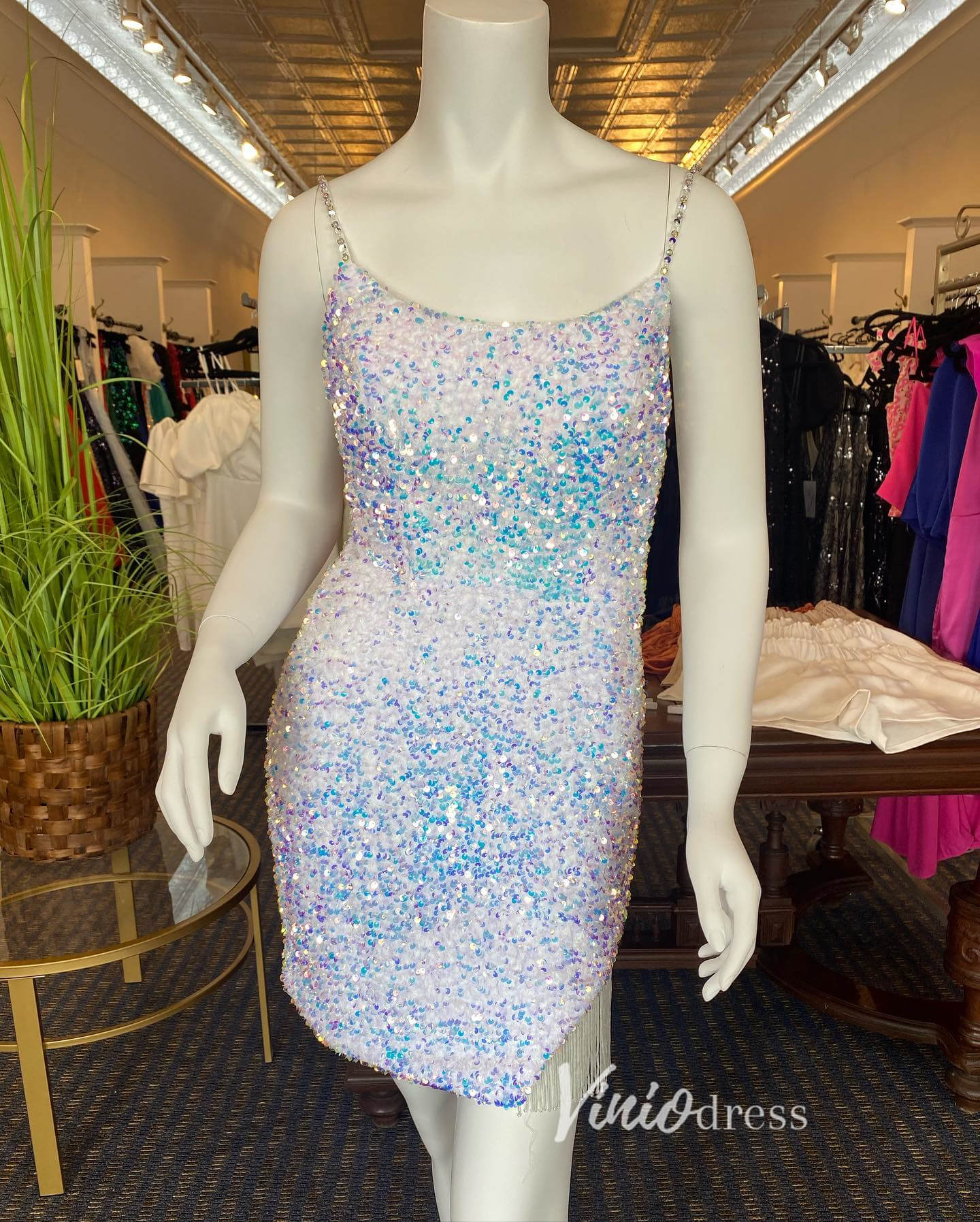 Short Prom Dresses 2025 Beaded Bodycon Sequin Cocktail Dresses Spaghetti Strao Hoco Dress SD1593-homecoming dresses-Viniodress-Hot Pink-Custom Size-Viniodress