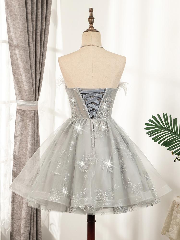 Short Prom Dresses 2025 Beaded Gray Feather Homecoming Dresses SD1388 VINIODRESS-Homecoming Dresses-VINIODRESS-US2-Grey-Viniodress