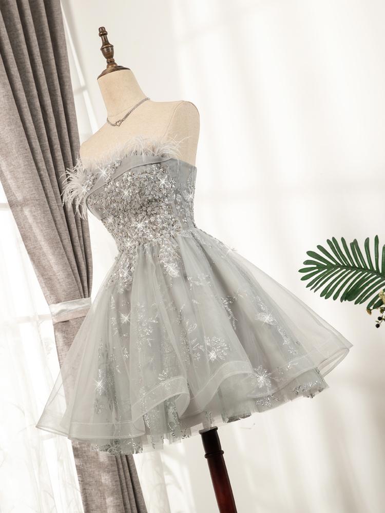 Short Prom Dresses 2025 Beaded Gray Feather Homecoming Dresses SD1388 VINIODRESS-Homecoming Dresses-VINIODRESS-US2-Grey-Viniodress