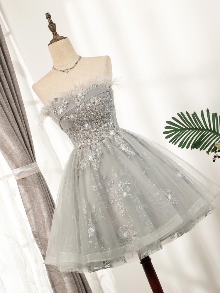 Short Prom Dresses 2025 Beaded Gray Feather Homecoming Dresses SD1388 VINIODRESS-Homecoming Dresses-VINIODRESS-US2-Grey-Viniodress