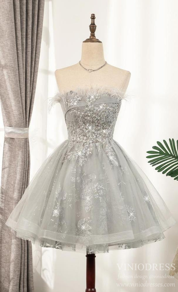 Short Prom Dresses 2025 Beaded Gray Feather Homecoming Dresses SD1388 VINIODRESS-Homecoming Dresses-VINIODRESS-US2-Grey-Viniodress