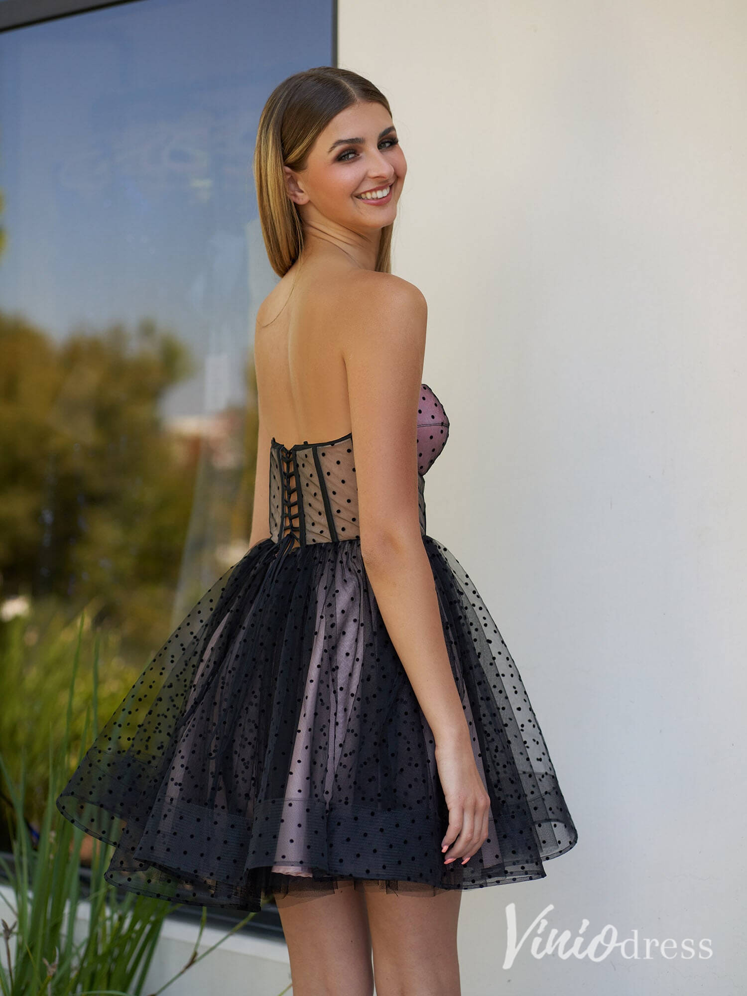 Black and Pink Dotted Tulle Homecoming Dresses Strapless Back to School Dress SD1689-Homecoming Dresses-Viniodress-Viniodress