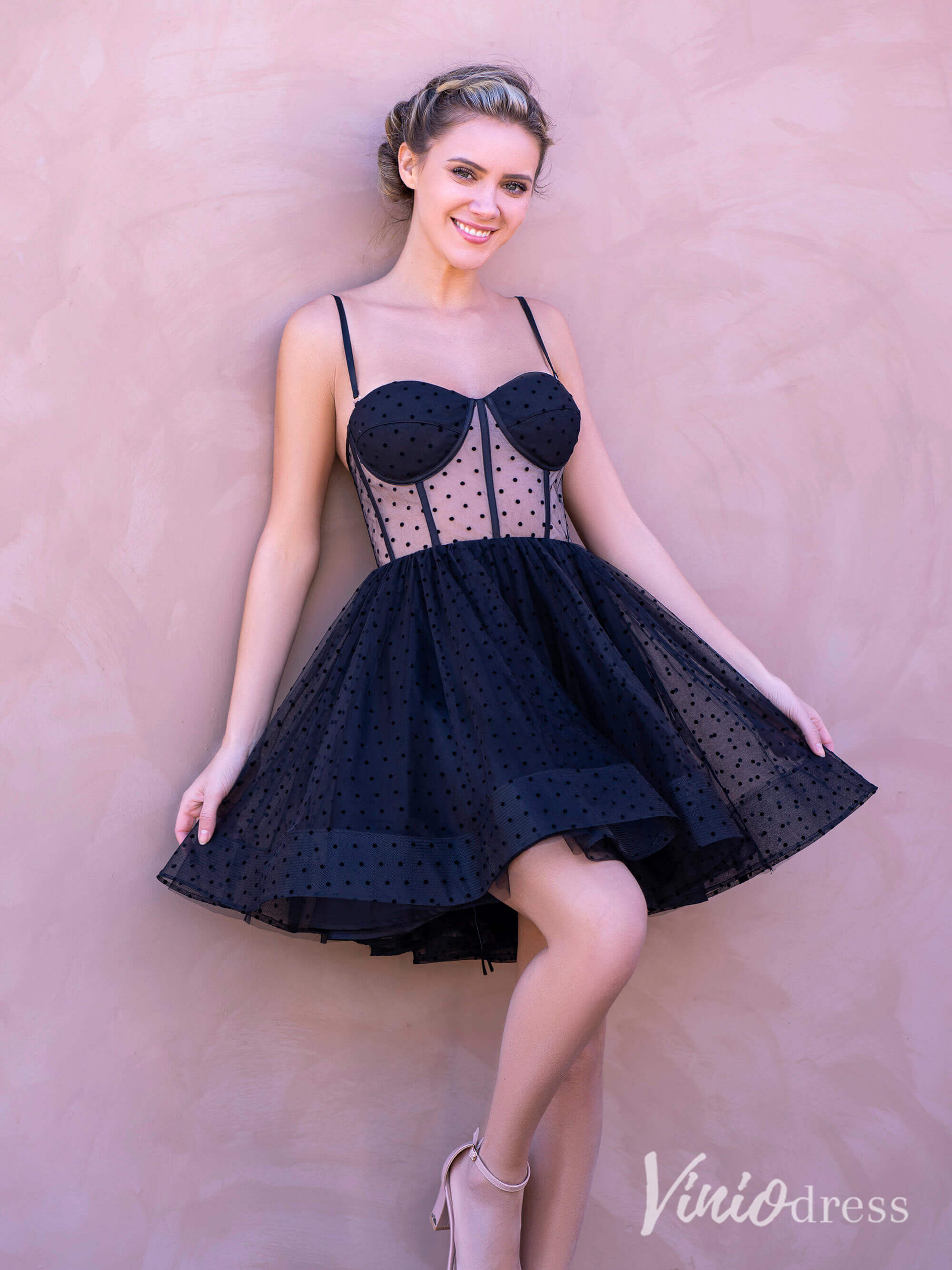 Black Dotted Tulle Homecoming Dresses Spaghetti Strap Graduation Dress SD1689B-Homecoming Dresses-Viniodress-Black-Custom Size-Viniodress