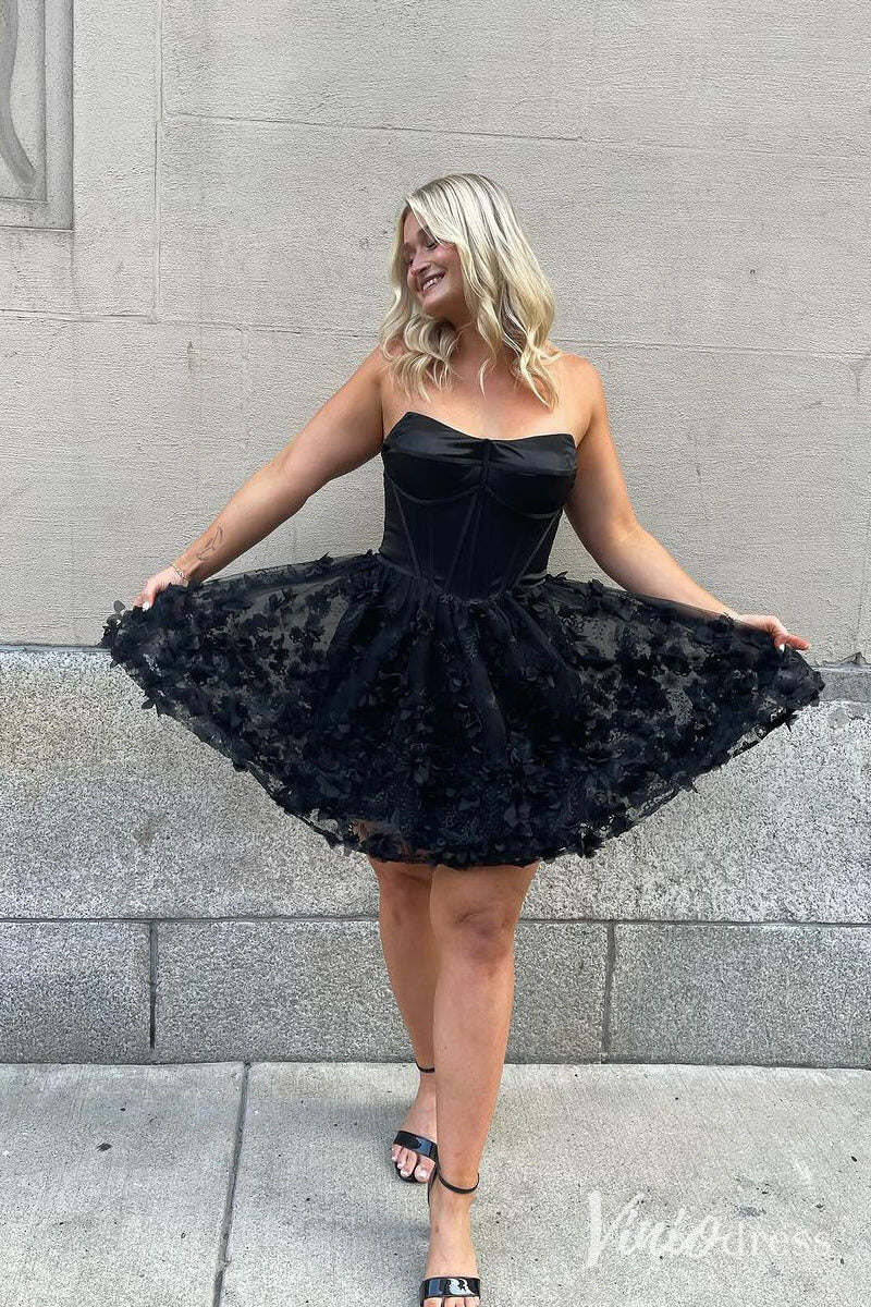 Short Prom Dresses 2025 Black Floral Sweetheart Homecoming Dresses Strapless Graduation Dress SD1649-Homecoming Dresses-Viniodress-Black-Custom Size-Viniodress