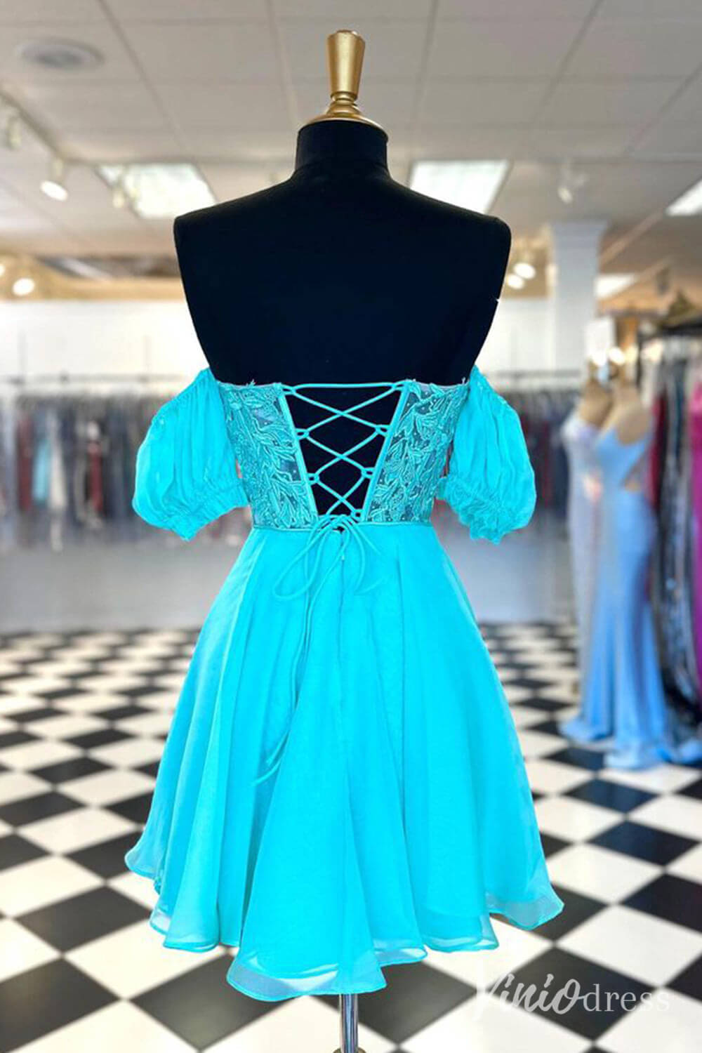 Blue Sweetheart Puffed Sleeve Homecoming Dresses Lace Applique Back to School Dress SD1680-Homecoming Dresses-Viniodress-Viniodress