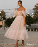 Blush Pink Dotted Tulle Homecoming Dresses Off the Shoulder Tea-Length Dress SD1675-Homecoming Dresses-Viniodress-Blush Pink-Custom Size-Viniodress