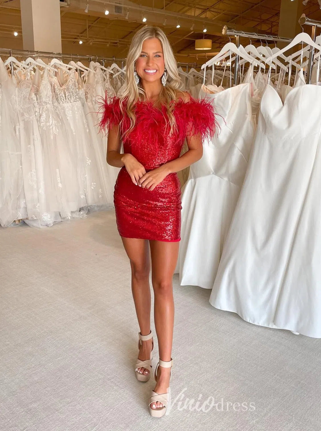 Short Prom Dresses 2025 Bodycon Sequin Homecoming Dresses Off Shoulder Feather Cocktail Dress SD1514-homecoming dresses-Viniodress-Red-Custom Size-Viniodress